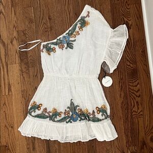 Tularosa White One-Shoulder Dress with Floral Embroidery
